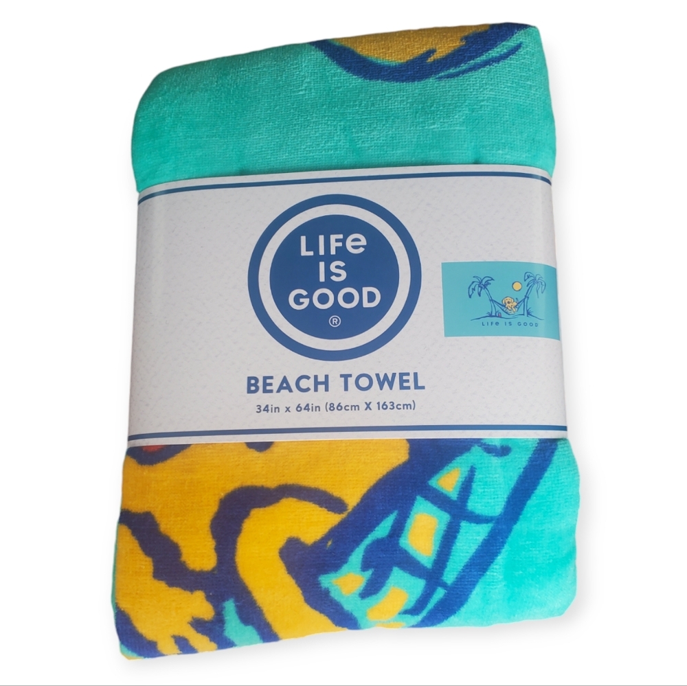 Life is Good Dog On Hammock Palm Trees 100% Cotton Beach Towel 34x64” NWT